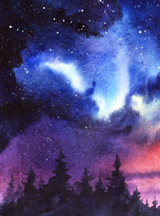 Wall Mural - Starry night over  dark silhouette of the spruce forest.  Sky gradient from Dark blue to violet to pink. Hand drawn on a wet paper real watercolor Illustration.