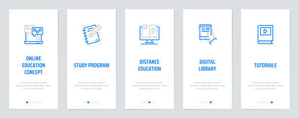 Online education concept, Study program, Distance education, Digital library, Tutorials Vertical Cards with strong metaphors.