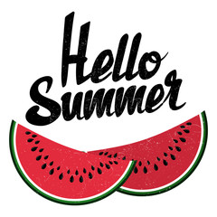 Sticker - Hello summer sign and bright watermelon isolated on white background