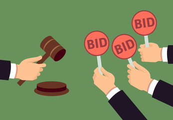 Bidders human arms holding bid paddle and auctioneer hand with gavel. Auction bidding and justice vector concept