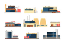 Industrial Factory, Power Plant And Warehouse Buildings. Industrial Construction Vector Flat Icons