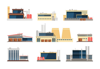 Wall Mural - Industrial factory, power plant and warehouse buildings. Industrial construction vector flat icons