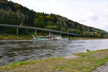 Wall Mural - Trip boat on a river, Landscape, Bad Schandau, Elba, Germany.