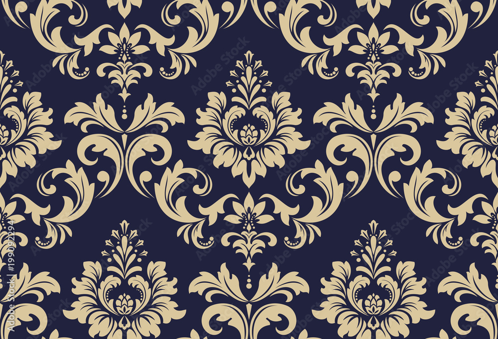 Wallpaper in the style of Baroque. A seamless vector background. Black and gold floral ornament. Graphic vector pattern - obrazy, fototapety, plakaty 