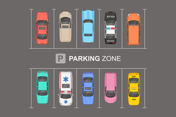 Wall Mural - top view of different cars city parking. parking zone
