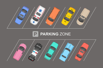 Wall Mural - top view of different cars city parking. parking zone