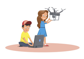 happy children playing with flying drone. cartoon vector illustration, isolated on white background.