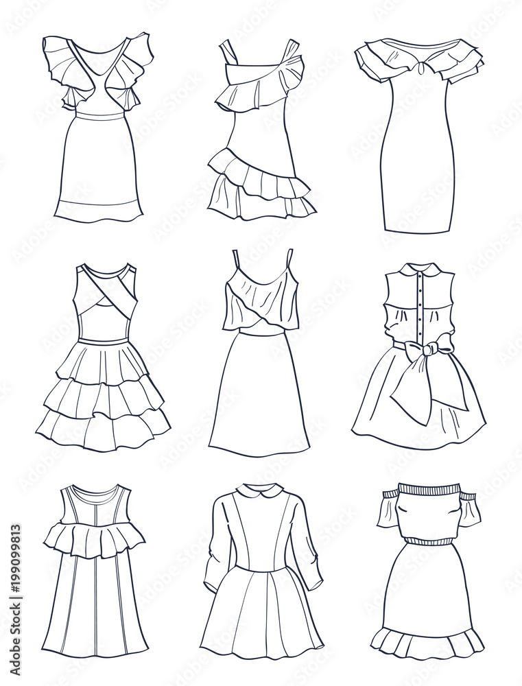 Set of contours of cute short summer dresses, in Baby doll style, isolated  on white background Stock Vector | Adobe Stock