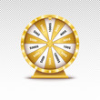 Realistic 3d spin golden fortune wheel, lucky roulette vector illustration on transparent background. Online casino lucky game, gold roulette. 