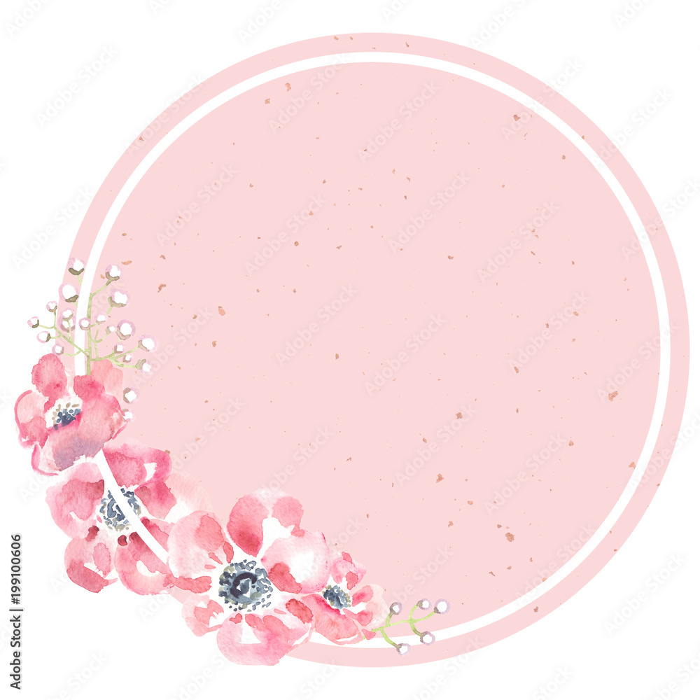 Pastel pink speckled background circle with white frame and asymmetrical  arrangement of pink flowers painted in watercolor on clean white background  Stock Illustration | Adobe Stock, image size:1000x1000