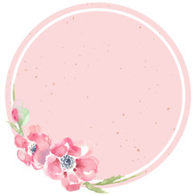 Round Pale Pink Speckled Background With White Frame And Asymmetrical Arrangement Of Red Flowers Painted In Watercolor On Clean White Background