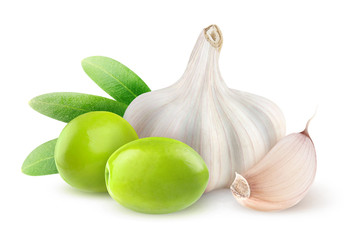 Poster - Two green olives and garlic head and segment (garlic infused olive oil ingredients) isolated on white background with clipping path