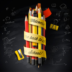 Wall Mural - High detailed vector design template for Back to school. Black chalkboard, pencils, pen, and Welcome Back to School text, vector illustration.