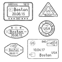 Wall Mural - Passport stamps. Arrival to Boston, USA. Black set of ink stamps