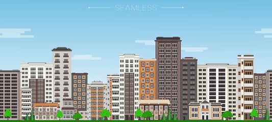 City skyline seamless border pattern with high-rise apartment houses and municipal buildings, green trees on blue sky background with clouds in flat style. Colorful cityscape. Vector illustration.