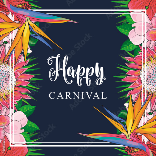 Tropical flowers border on carnival card with isolated sketch colorful exotic...