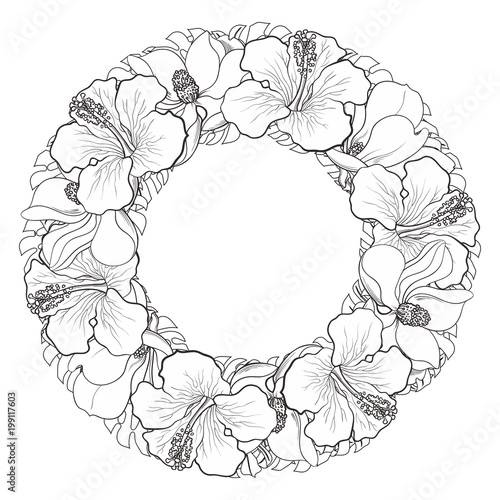 Tropical flowers in sketch line floral composition in form of circle isolated...