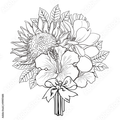 Tropical flowers and palm leaves in bouquet with bow in sketch style isolated...