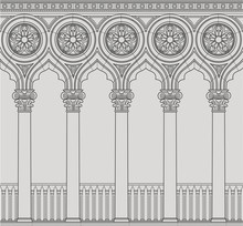 Linear Vector Illustration Of The Venetian Colonnade. Antique Order And Gothic
