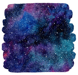 Cosmic background. Colorful watercolor galaxy or night sky with stars. Hand drawn cosmos illustration with blobs texture. Watercolor brush stroke with uneven edges. Emerald, blue, violet stains.