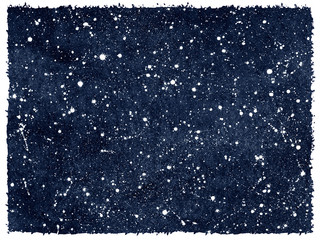 Dark blue hand drawn watercolor night sky with stars. Monochrome watercolour cosmic, cosmos background, galaxy, universe. Splash texture. Rough, artistic edges. Aquarelle rectangle template.