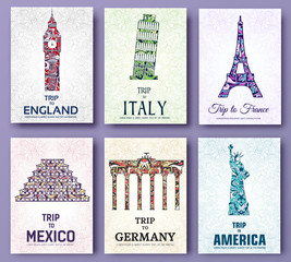 set of art ornamental travel and architecture on ethnic floral style flyers.  decorative banner of card or invitation design. Historical monuments of France, England, Italy, USA, Germany, Mexico