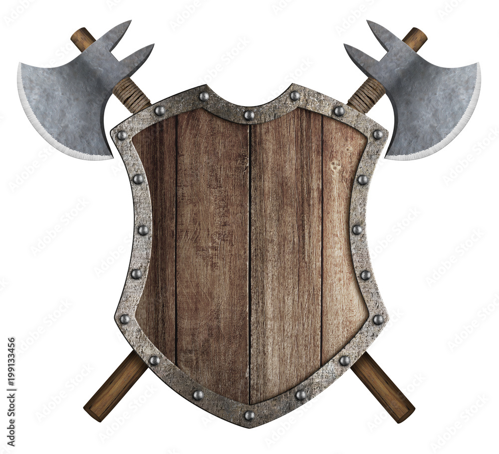 Wooden medieval heraldic shield with crossed battle axes 3d ...