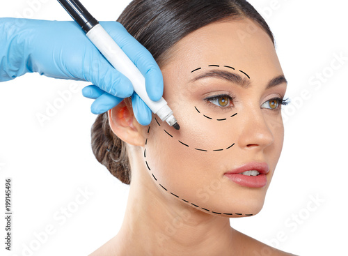 Fotomural woman with dotted lines on face, cosmetology