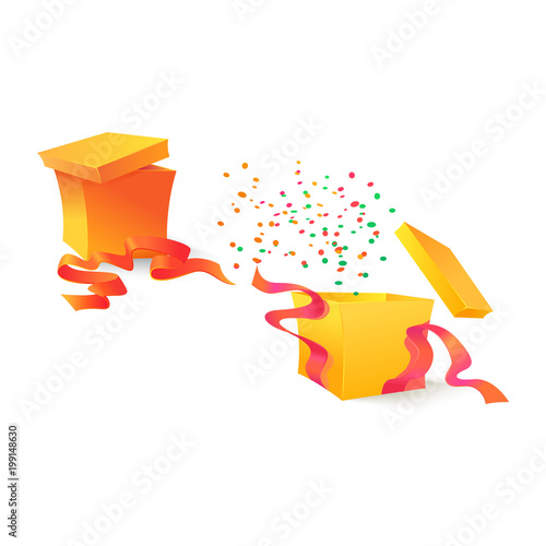 Vector cartoon open present gift box orange bright wrapping elegant