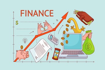 Personal finance management concept - upward chart with laptop, wallet, calculator, money, moneybag, piggy bank, coins flowing from faucet and money bag, vector illustration for sites and magazines