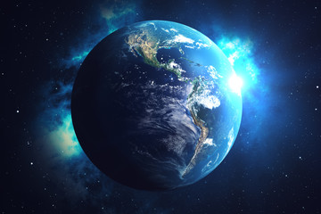Wall Mural - 3d rendering network and data exchange over planet earth in space. connection lines around earth glo