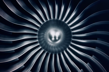 Wall Mural - 3d rendering jet engine, close-up view jet engine blades. blue tint.