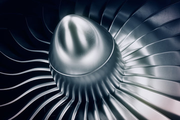 Wall Mural - 3d rendering jet engine, close-up view jet engine blades. blue tint.