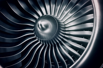 Wall Mural - 3d rendering jet engine, close-up view jet engine blades. blue tint.