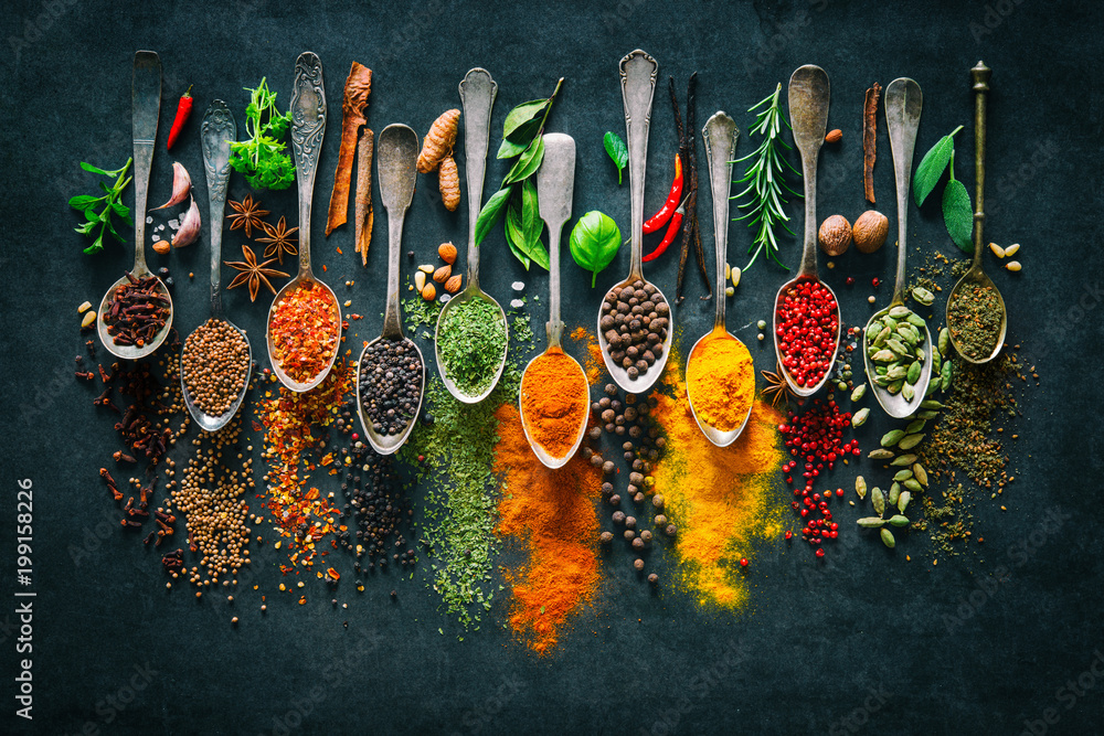 Herbs and spices for cooking on dark background - obrazy, fototapety, plakaty 