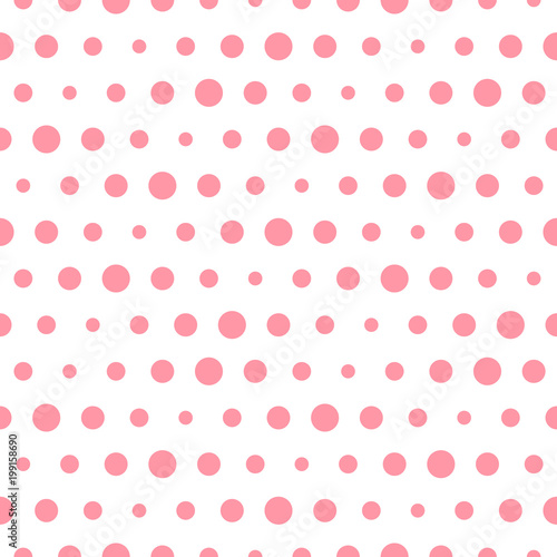 Cotton fabric Vector pink polka dot seamless pattern. Circles of different sizes on the white background. Simple abstract vintage design.