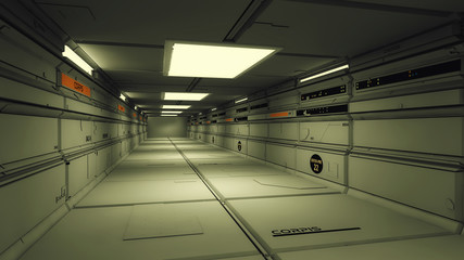 3D render. Futuristic interior spaceship corridor