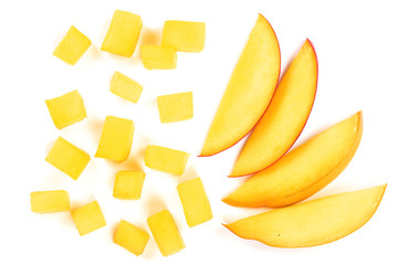 Wall Mural - cube and slices of Mango fruit isolated on white background close-up. Top view. Flat lay