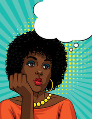 Wall Mural - Vector retro illustration pop art comic style of a boring woman's face. Afro American woman with curly hair is thinking