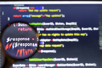 PHP back-end code zoomed through a magnifier. Computer programming source code lookup. Abstract screen of web developer.