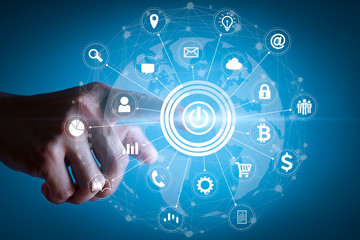 Hand of businessman touching global network and connected devices with digital technology. business and technology concept.