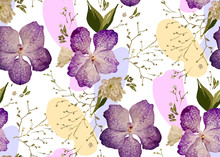 Floral Design Seamless Pattern. Purple Orchids With Wild Flowers, Leaves  And Plant Hand Drawn. Vector Illustration For Textile, Wrapping, Fabric Prints, Scrapbooking..