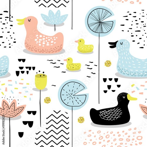 Cotton fabric Childish Seamless Pattern with Cute Ducks. Baby Background with Birds for Decoration, Wallpaper, Fabric. Vector illustration