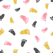 Seamless Pattern With Pink And Golden Baby Footprints. Vector Background.