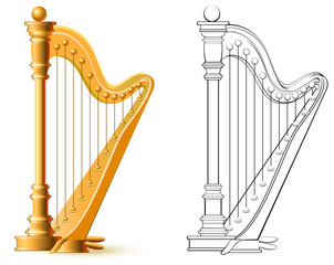 Wall Mural - Colorful and black and white pattern for coloring. Illustration of harp. Worksheet for children and adults. Vector image.