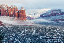 Snow Highlights Sedona Roads And Rock Layers Of Red Mountains.