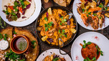 Fototapeta  - Assorted Spanish food set Paella seafood platters, grilled seafood
