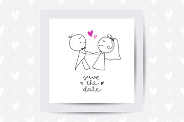 Poster - Hand drawn illustration of cute wedding couple, bride and groom, and lettering Save the Date