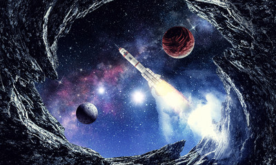 rocket in space. mixed media