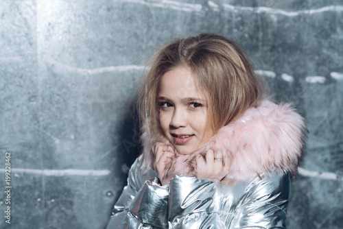 Girl In Winter Coat With Fur Hood Fashion Little Child With Long